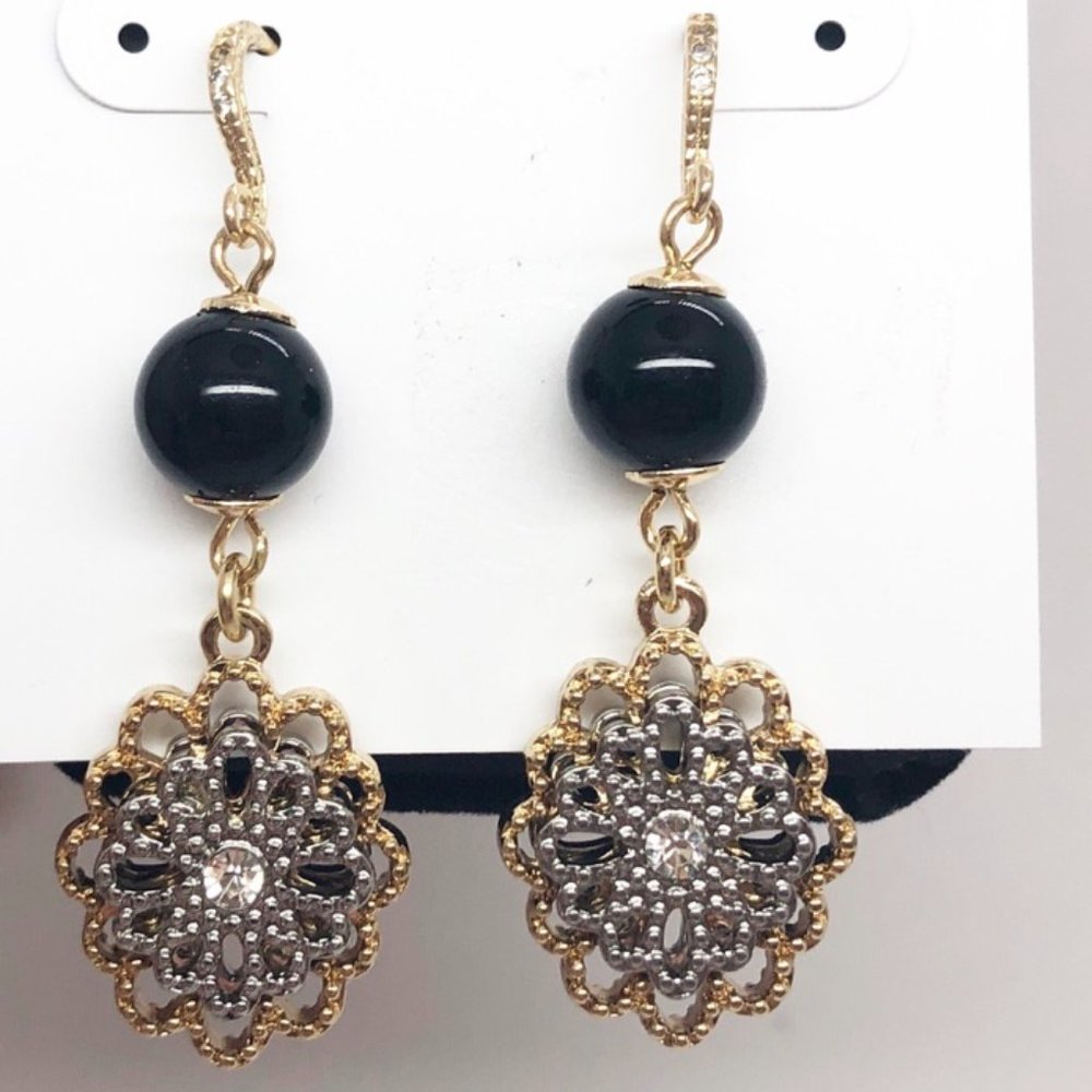 Charter Club Circle Drop Filigree Gold Black Design Drop Hook Earring NEW